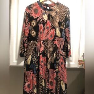 Peacock Print Midi Length Dress w/ pockets!  Empire waist, super comfortable!
